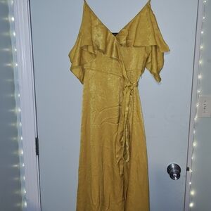 Elegant Mustard Yellow Off Shoulders Wrap Dress